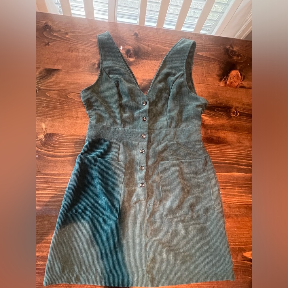 Green Corduroy V- Neck Dress